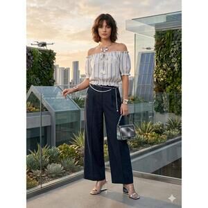 Haute Monde Off Shoulder Blouse L Blue White Striped Lace